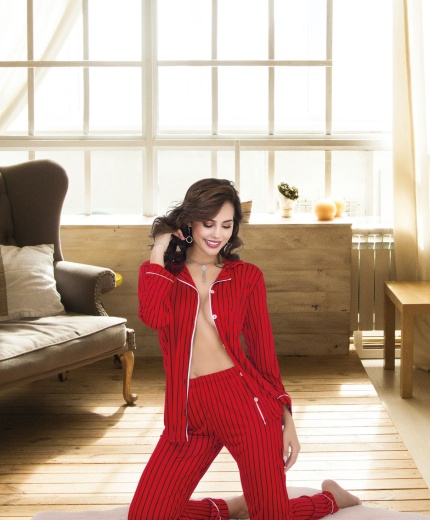 Kırmızı Desenli Gömlek Yaka Kadın Pijama Takımı İzabel 4005