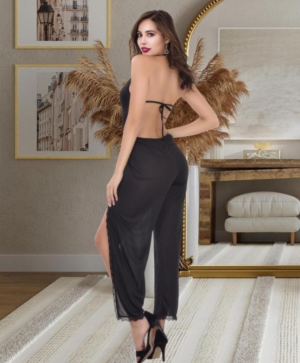 Siyah Önden Yırtmaçlı Fantazi Gecelik Tulum